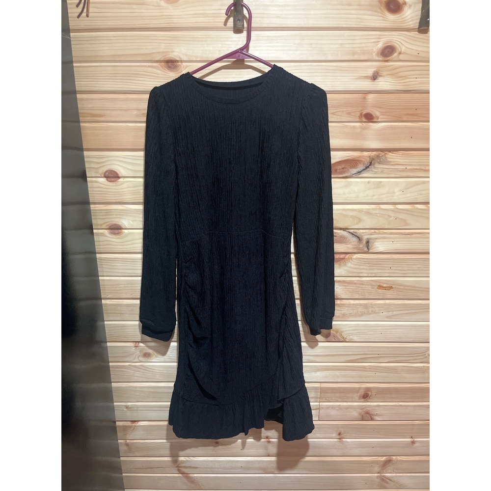 Cupshe Black Textured Crinkle Long Sleeve Ruched Ruffle Mini Dress Small NEW